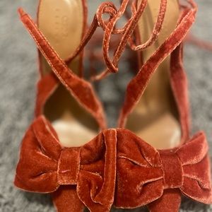 Asos Design wide fit peony tie leg bow hog heeled shoes in rust velvet